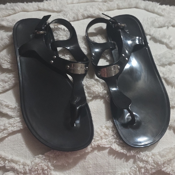 Michael Kors Black Jelly T Strap Sandals with Silver Accents - Picture 1 of 4